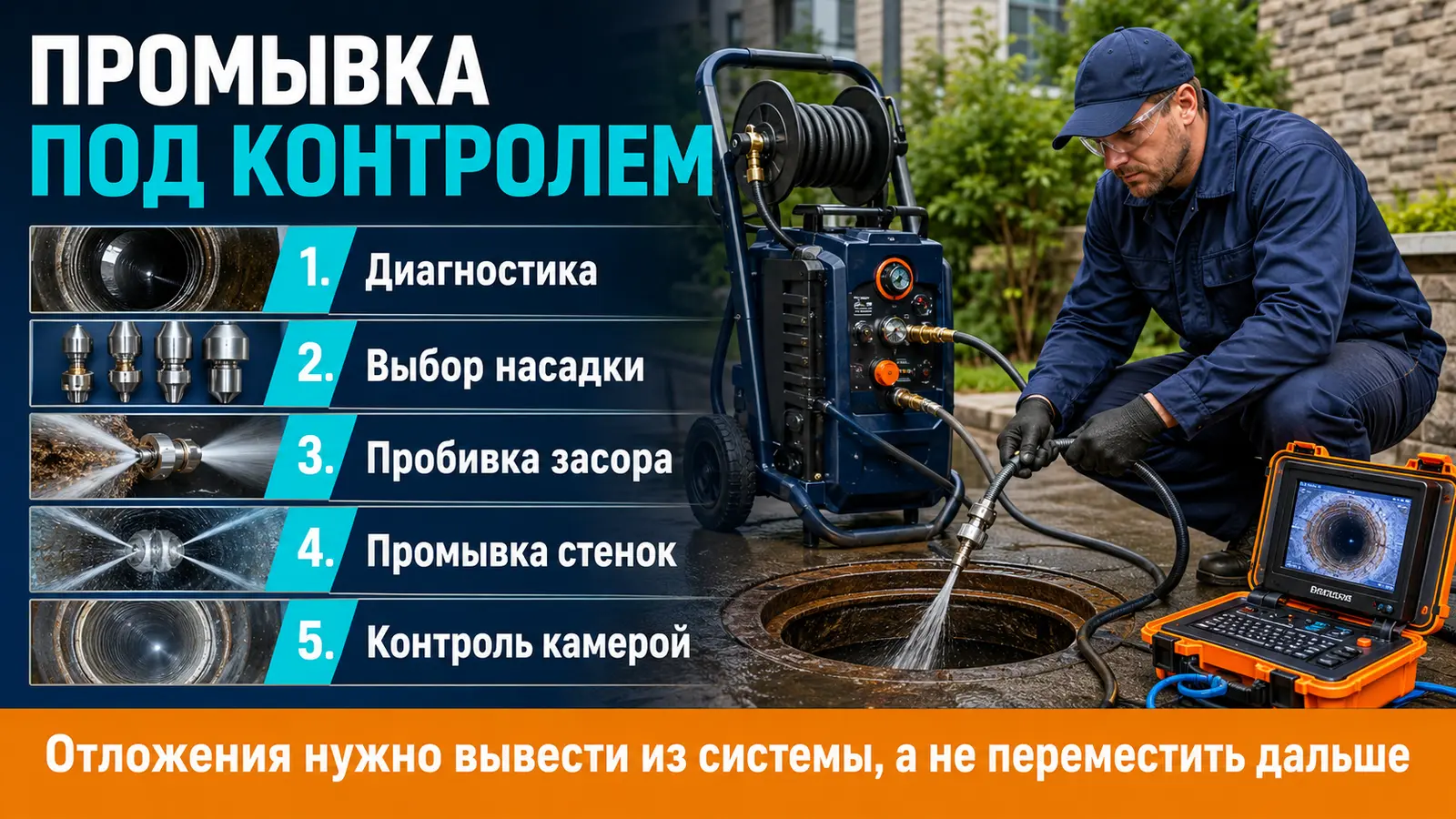 Этапы гидродинамической промывки канализации с диагностикой и контролем камерой