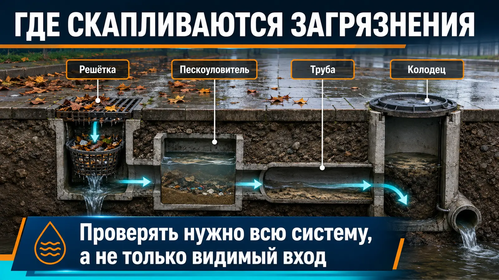 Решётка, пескоуловитель, труба и колодец ливневой канализации в разрезе