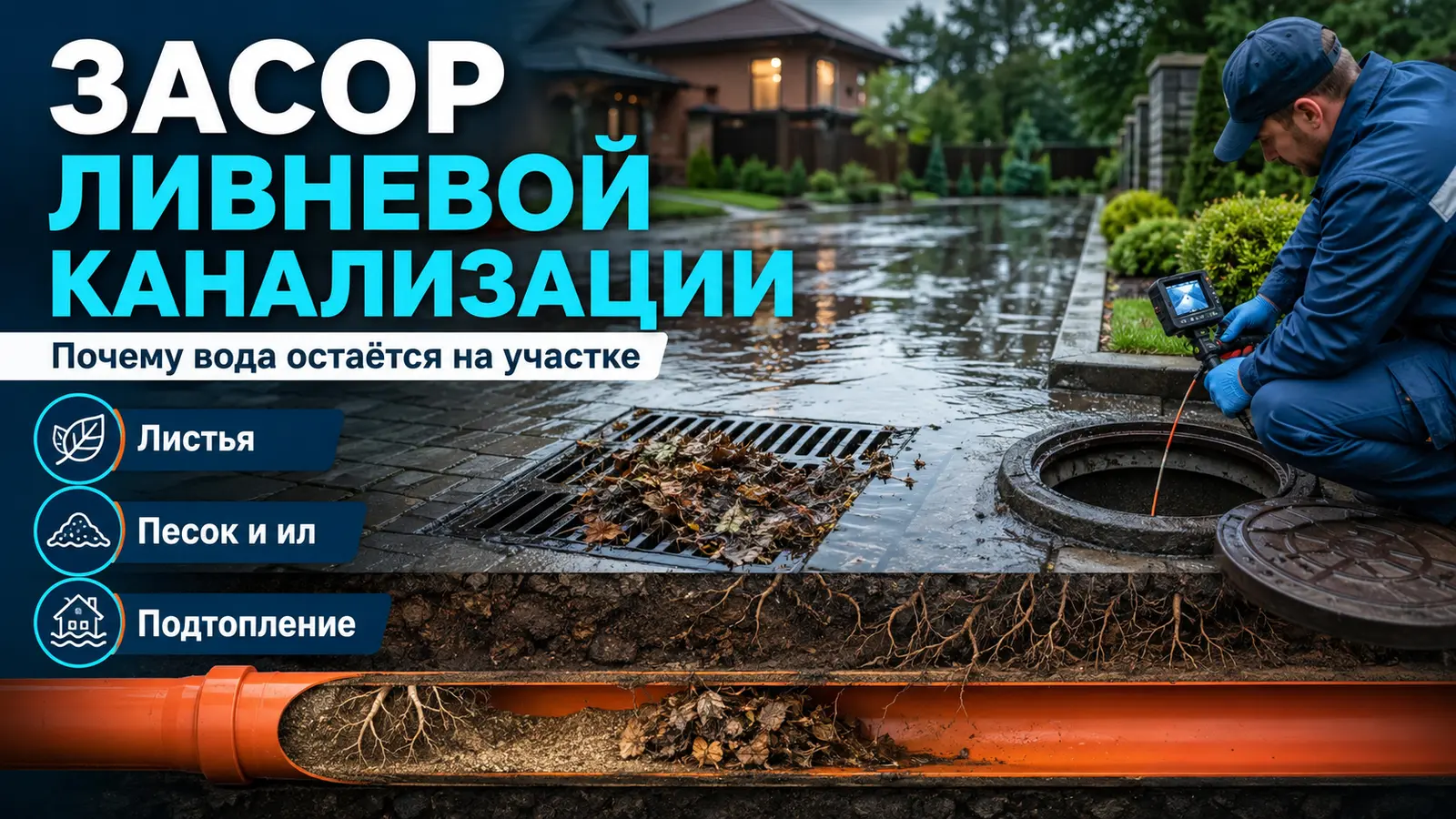 Засор дождеприёмника и подземной трубы ливневой канализации листьями, песком и илом