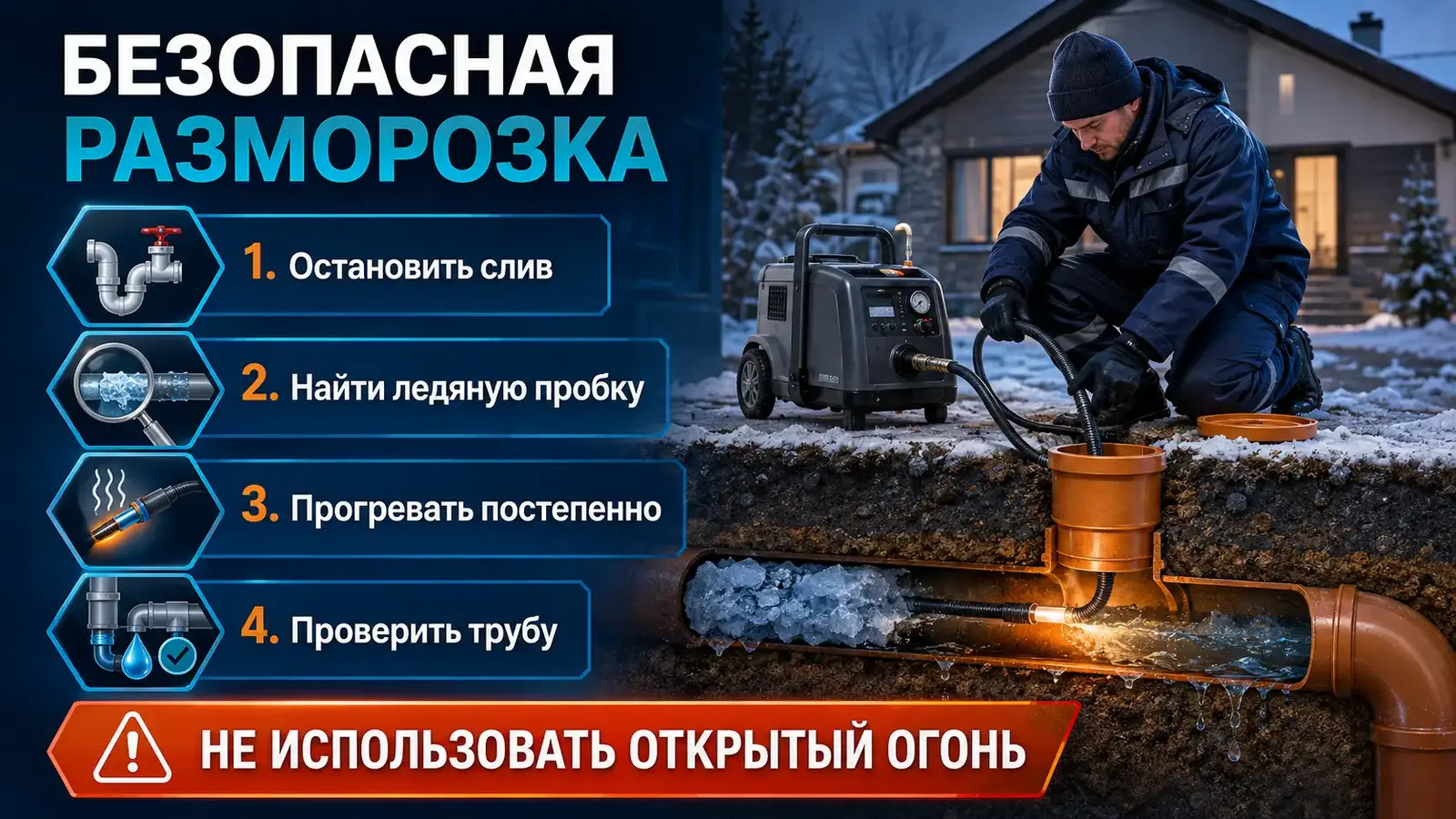 Безопасная последовательность разморозки наружной канализации профессиональным оборудованием