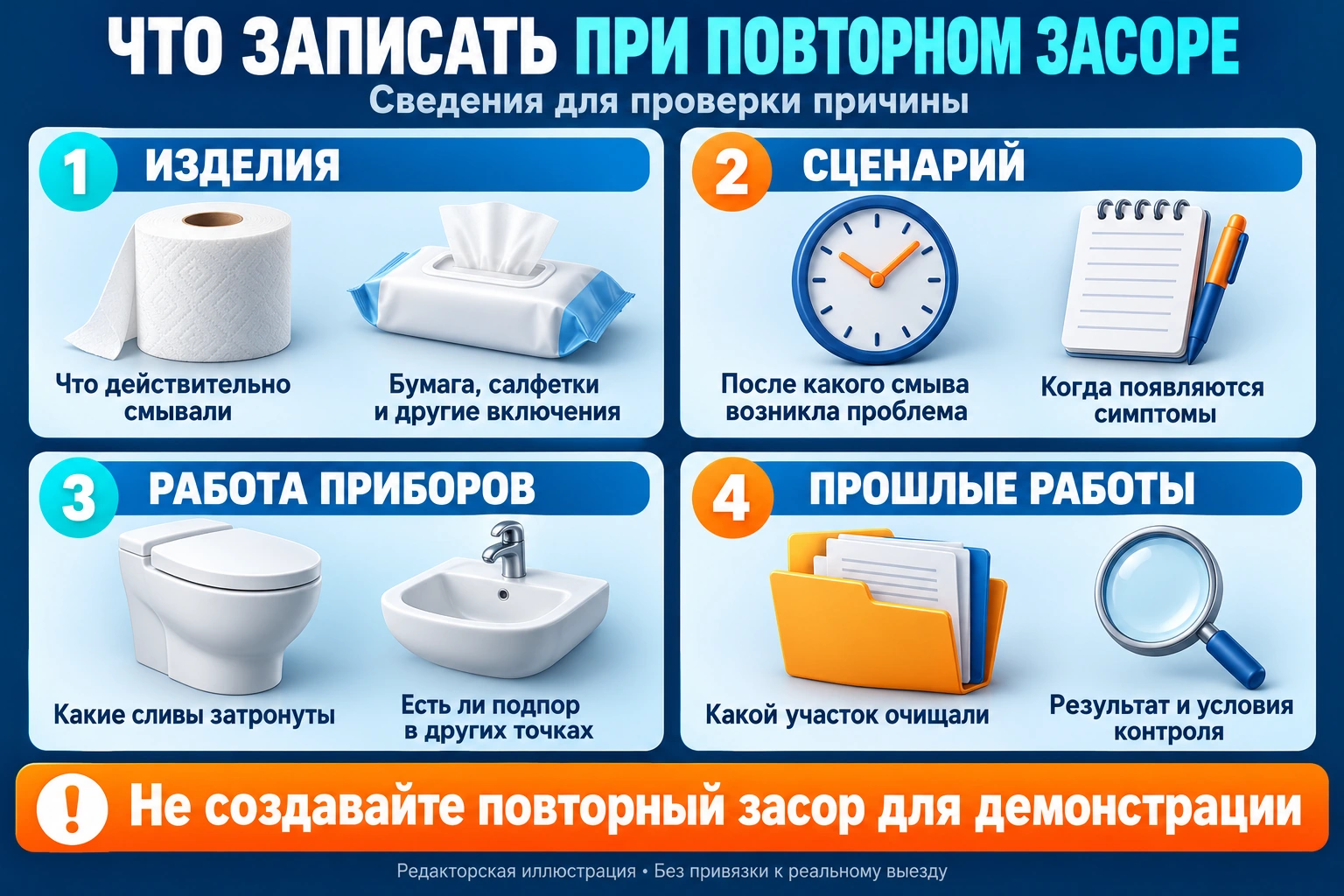 Инфографика сведений при повторном засоре: изделия, сценарий, работа приборов и прошлые работы