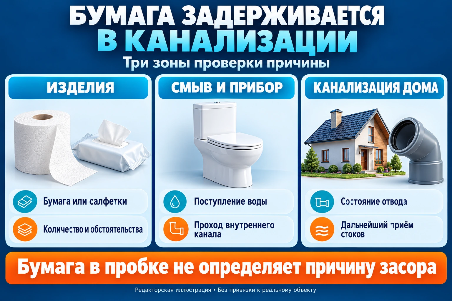 Инфографика задержания бумаги: изделия, смыв и прибор, канализация дома