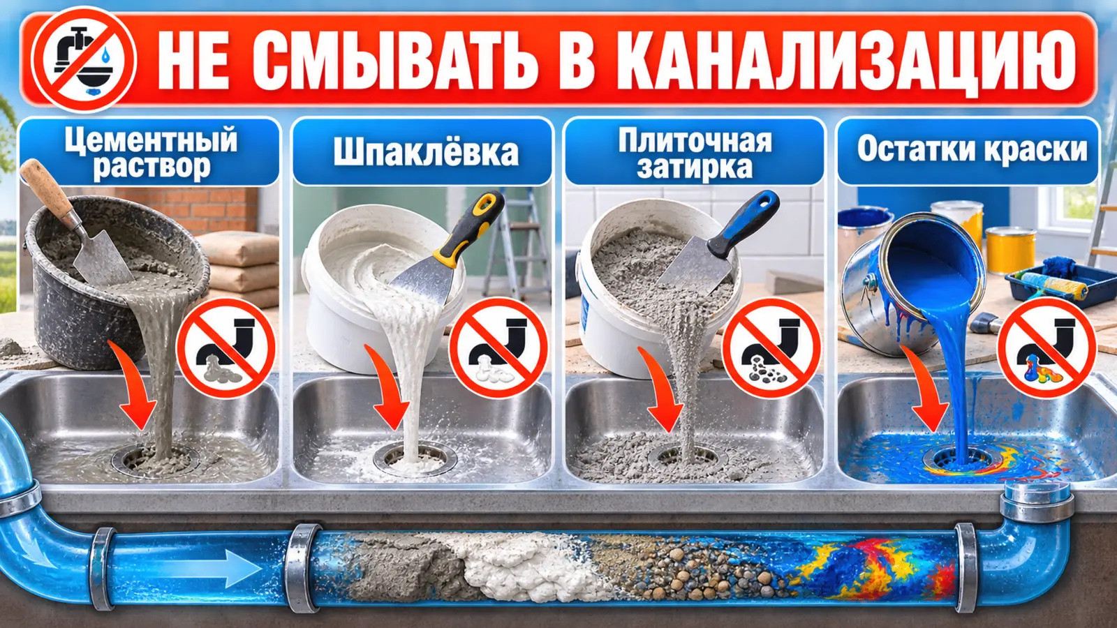 Цемент, шпаклёвку, плиточную затирку и остатки краски нельзя смывать в канализацию
