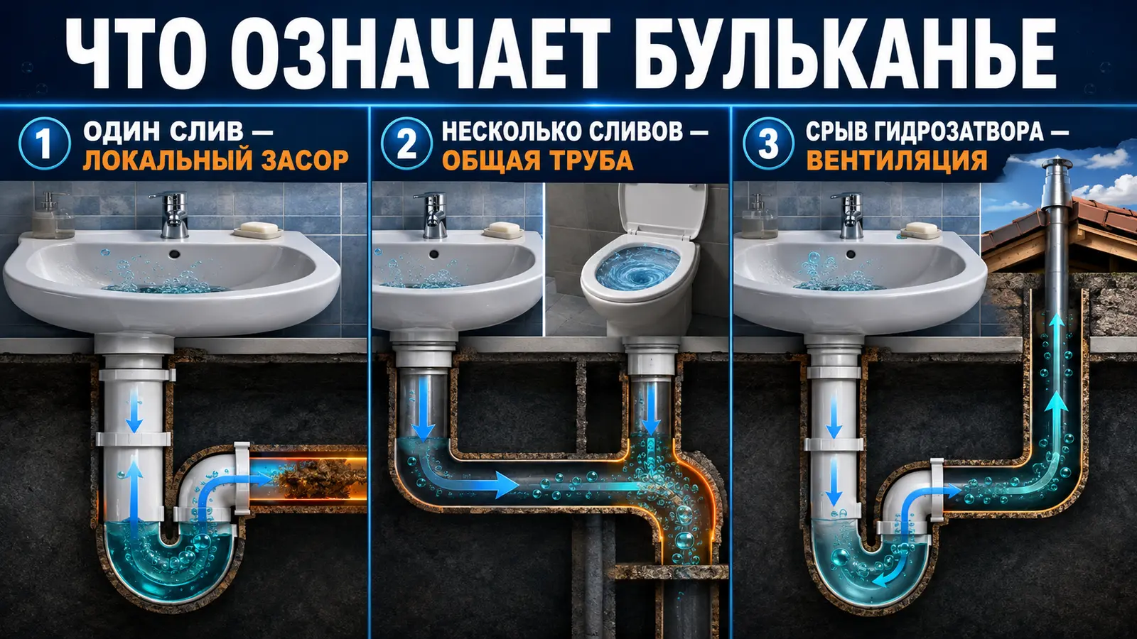 Различия локального засора, общей трубы и нарушения вентиляции стояка