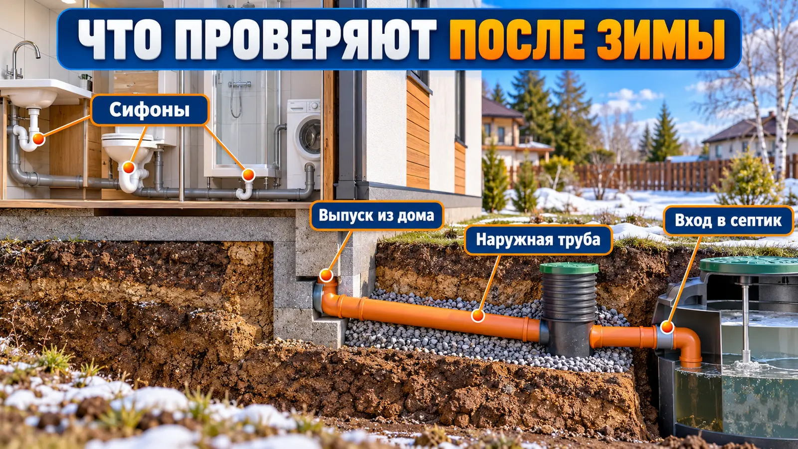 Точки проверки канализации после зимы от сифонов до входа в септик
