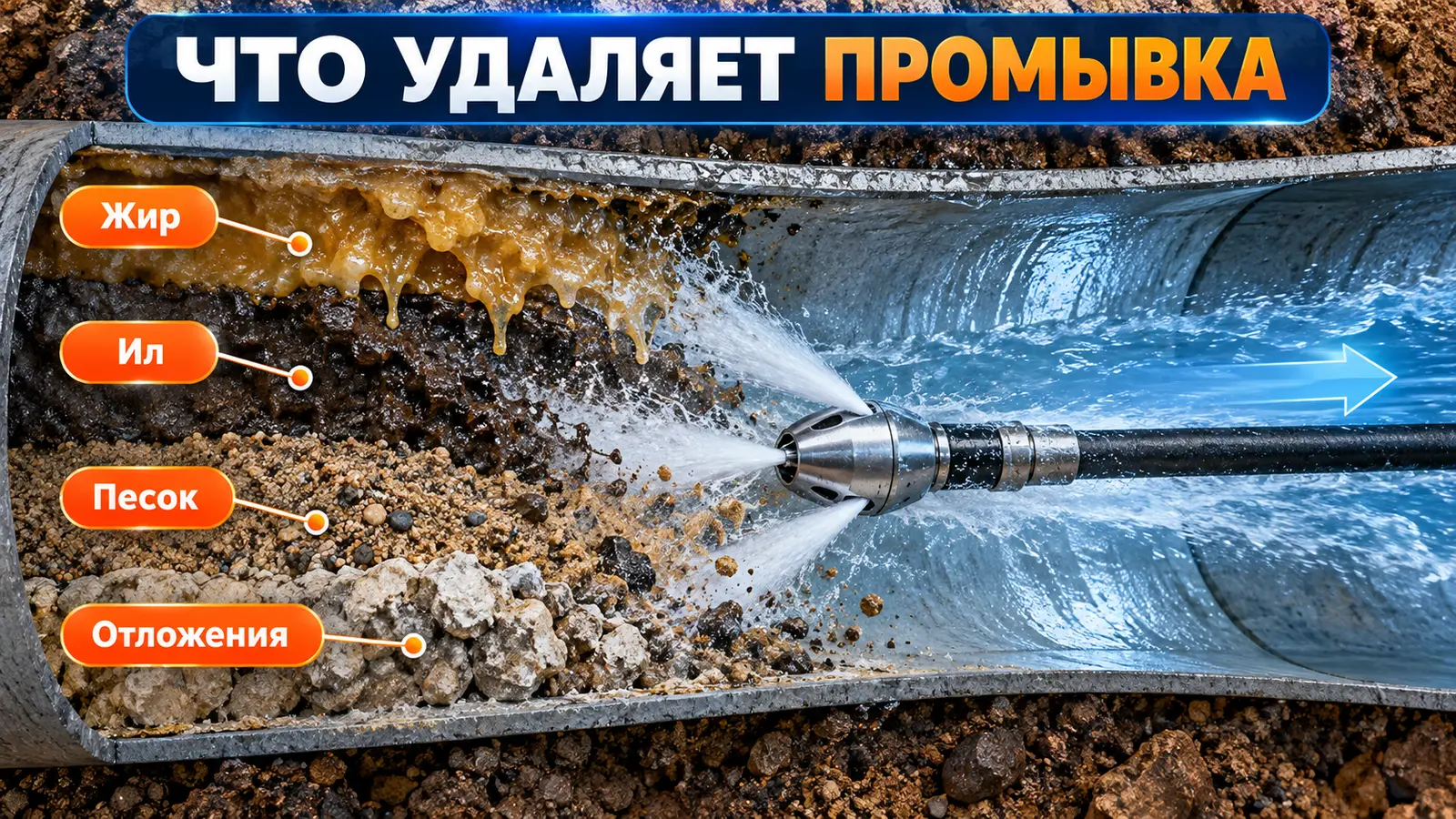 Жир, ил, песок и отложения, которые удаляет промывка канализационных труб
