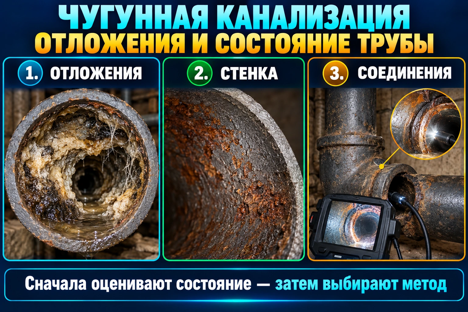 Инфографика отложений и обследования чугунной канализации частного дома
