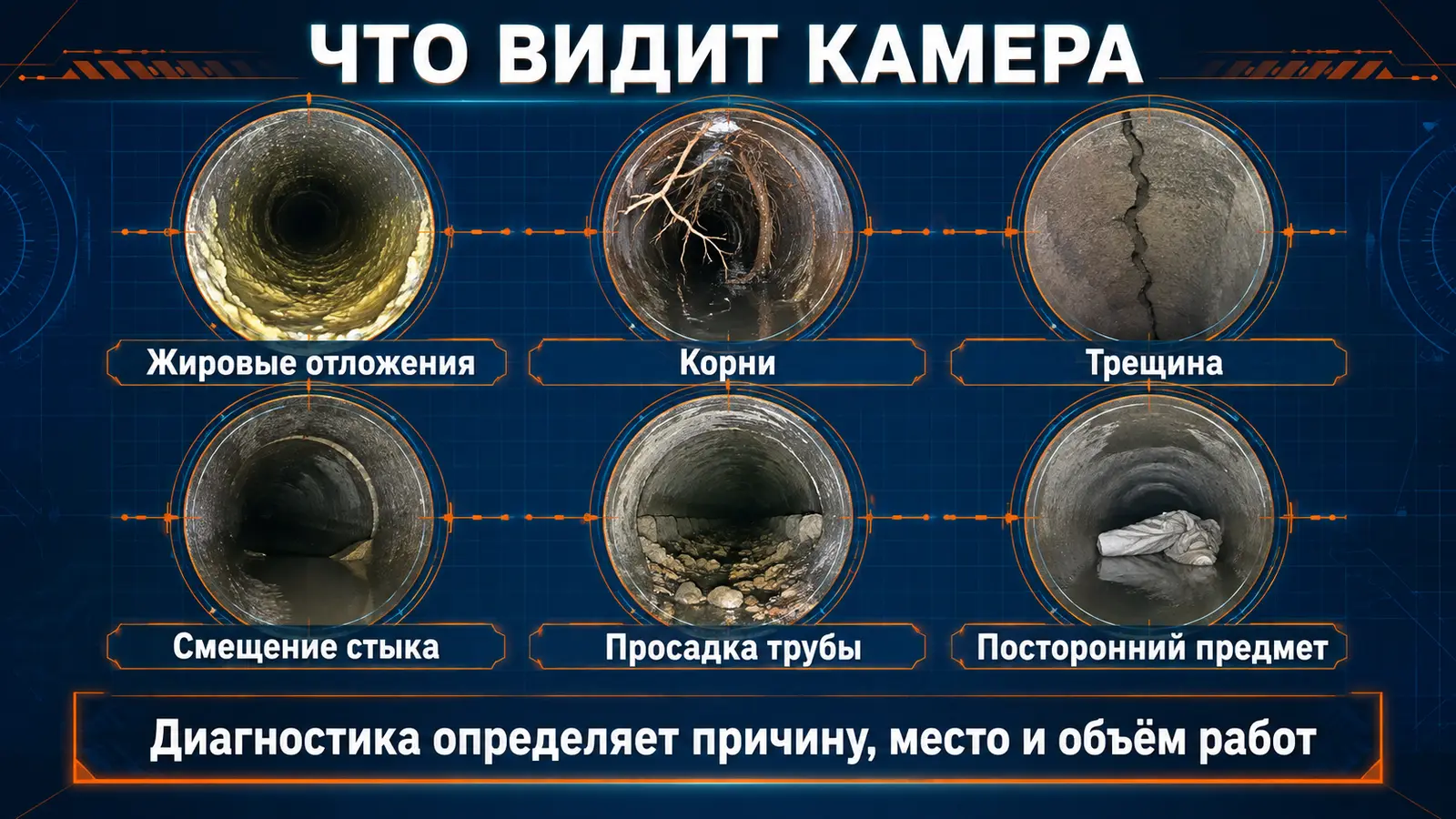 Дефекты канализации на видео: жир, корни, трещина, смещение, просадка и посторонний предмет