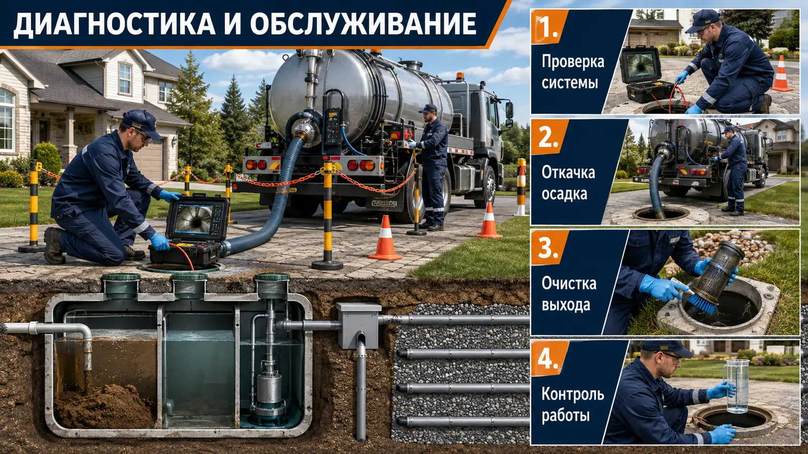 Диагностика и обслуживание септика с откачкой осадка и очисткой выходного фильтра