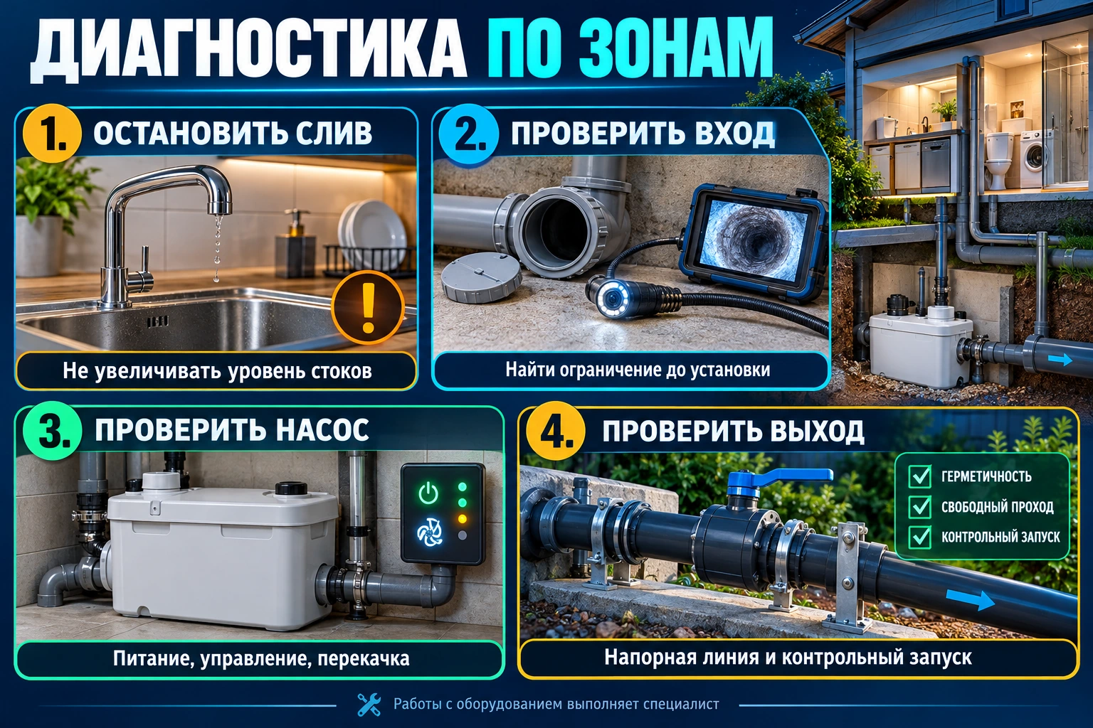 Инфографика: остановка слива, обследование трубы до установки, проверка насоса и напорной линии специалистом