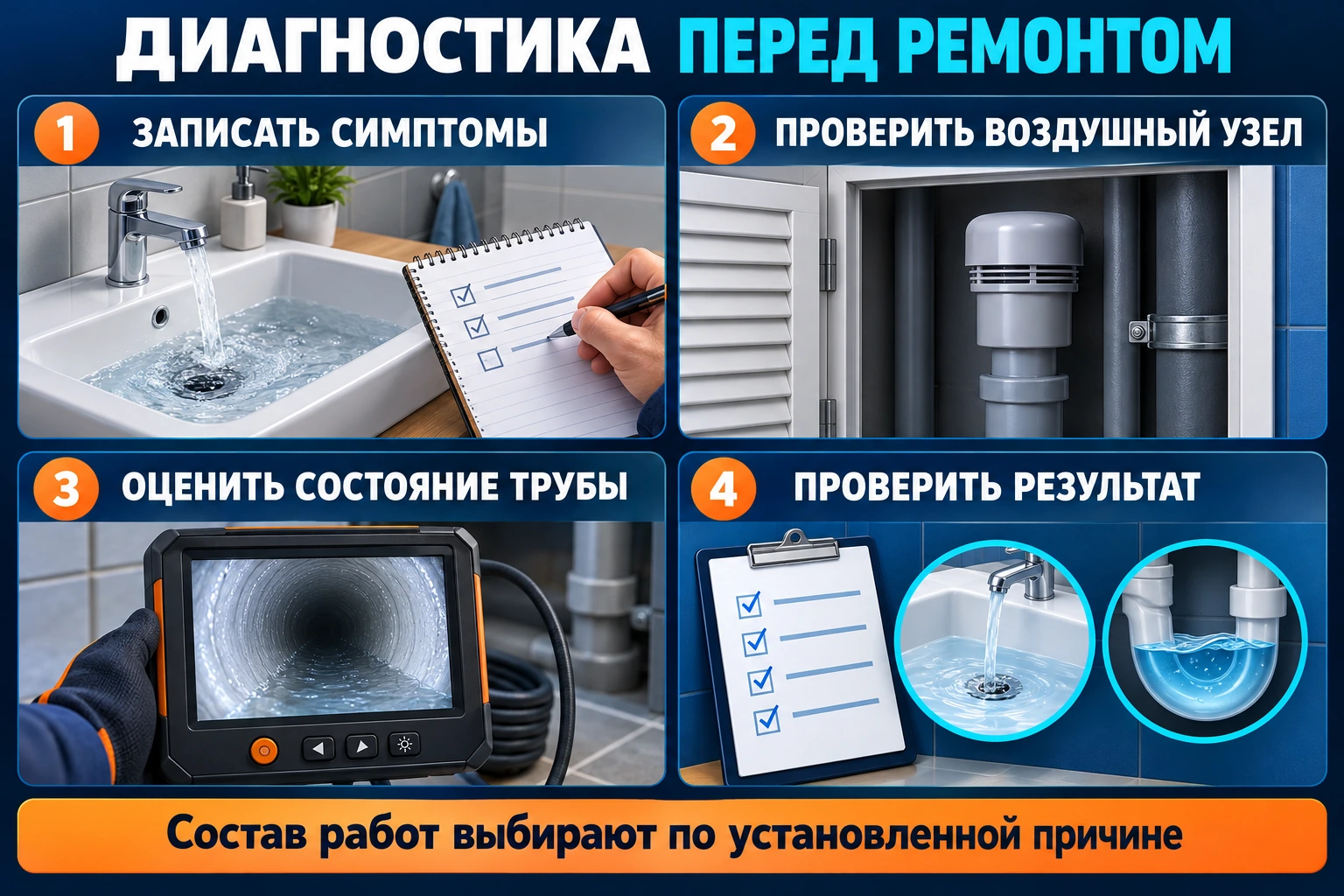 Инфографика диагностики: записать симптомы, проверить воздушный узел, оценить трубу и проверить результат работ