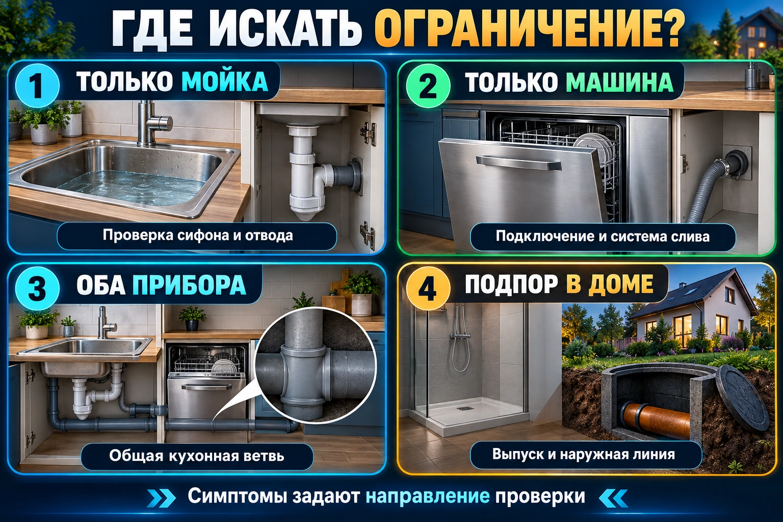 Инфографика направлений проверки: только мойка, только посудомоечная машина, оба прибора или подпор в других частях дома