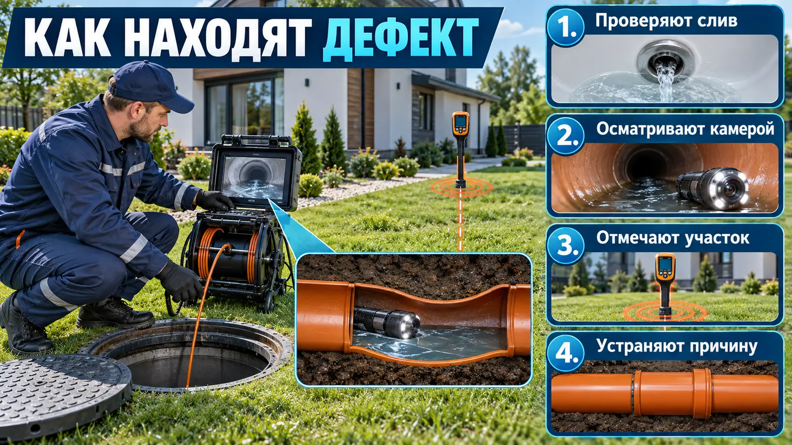 Диагностика обратного уклона канализации камерой