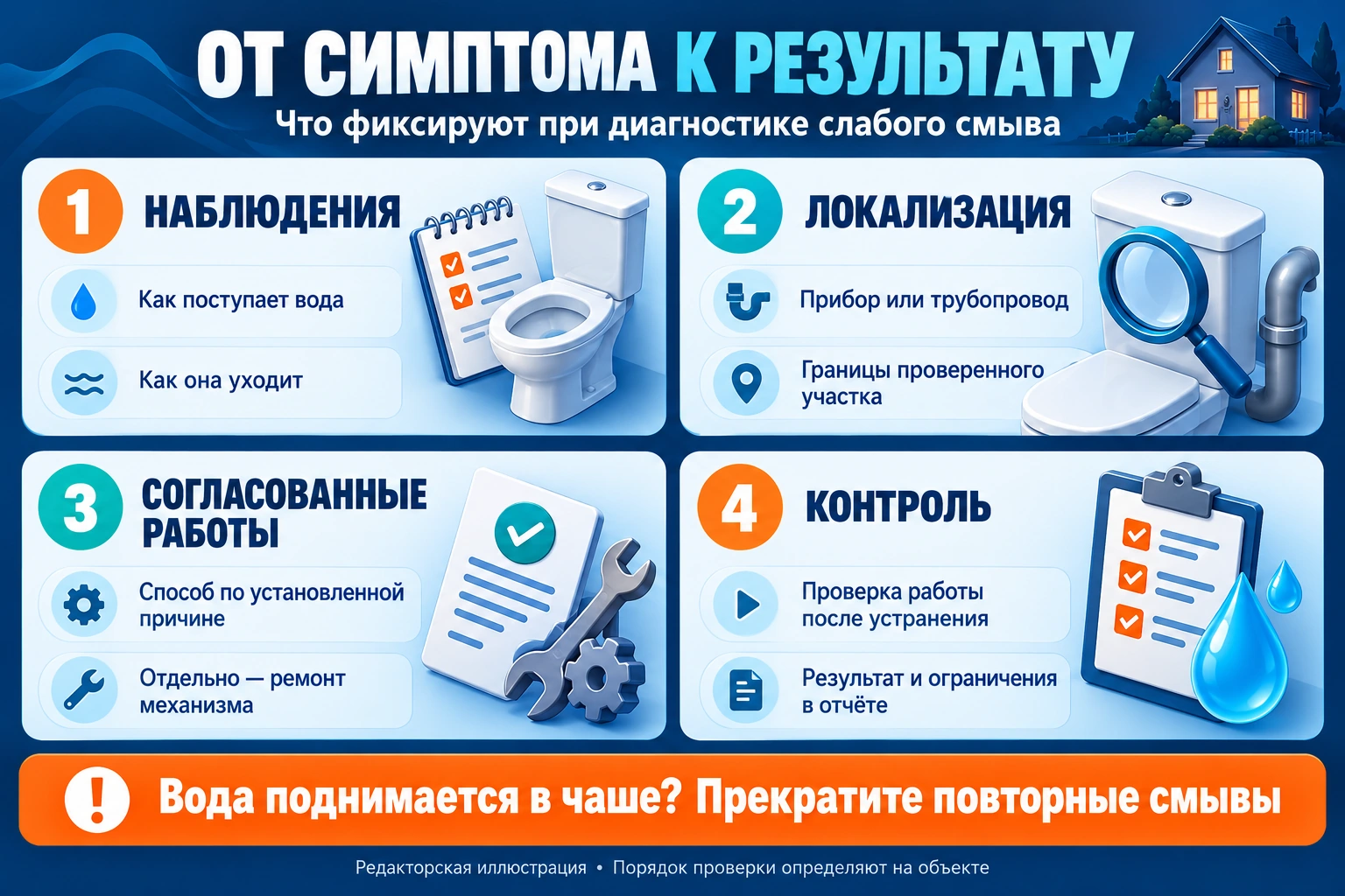 Инфографика диагностики слабого смыва: наблюдения, локализация, согласованные работы и контроль результата