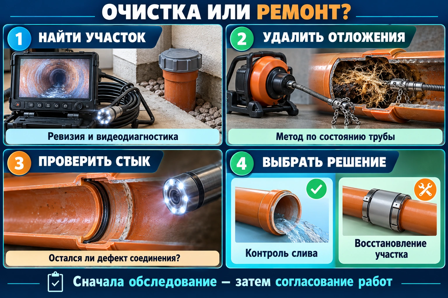 Инфографика: поиск участка камерой, удаление отложений, повторная проверка стыка и выбор между контролем слива и восстановлением трубы