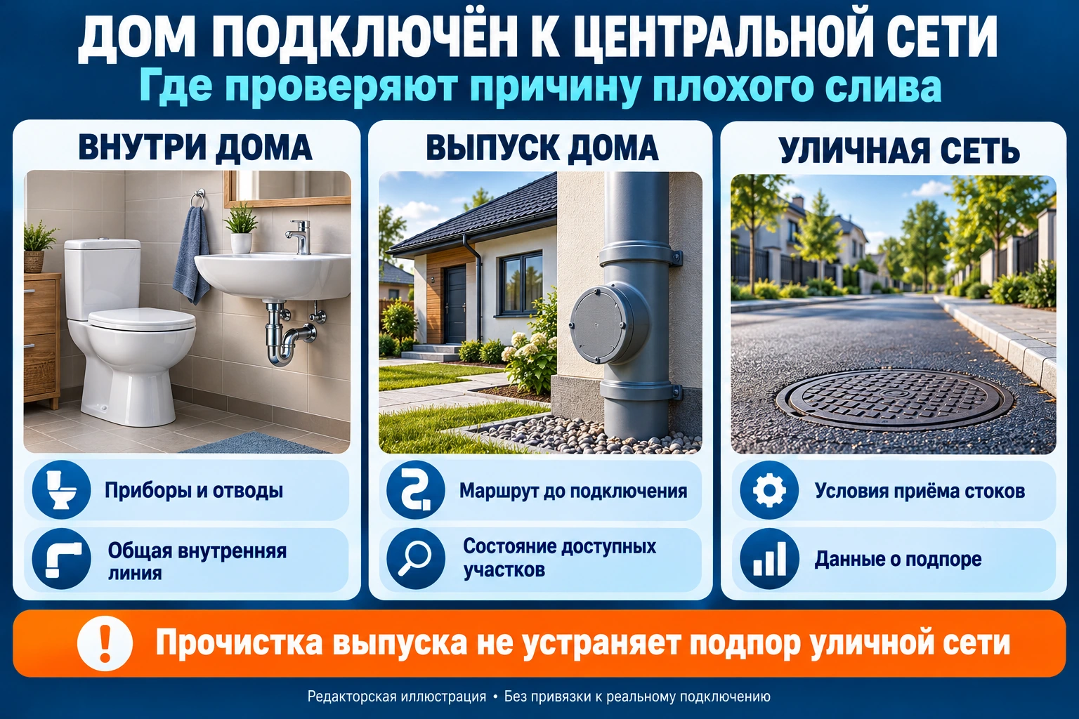 Инфографика зон проверки центрального подключения: внутренняя канализация, выпуск дома и уличная сеть
