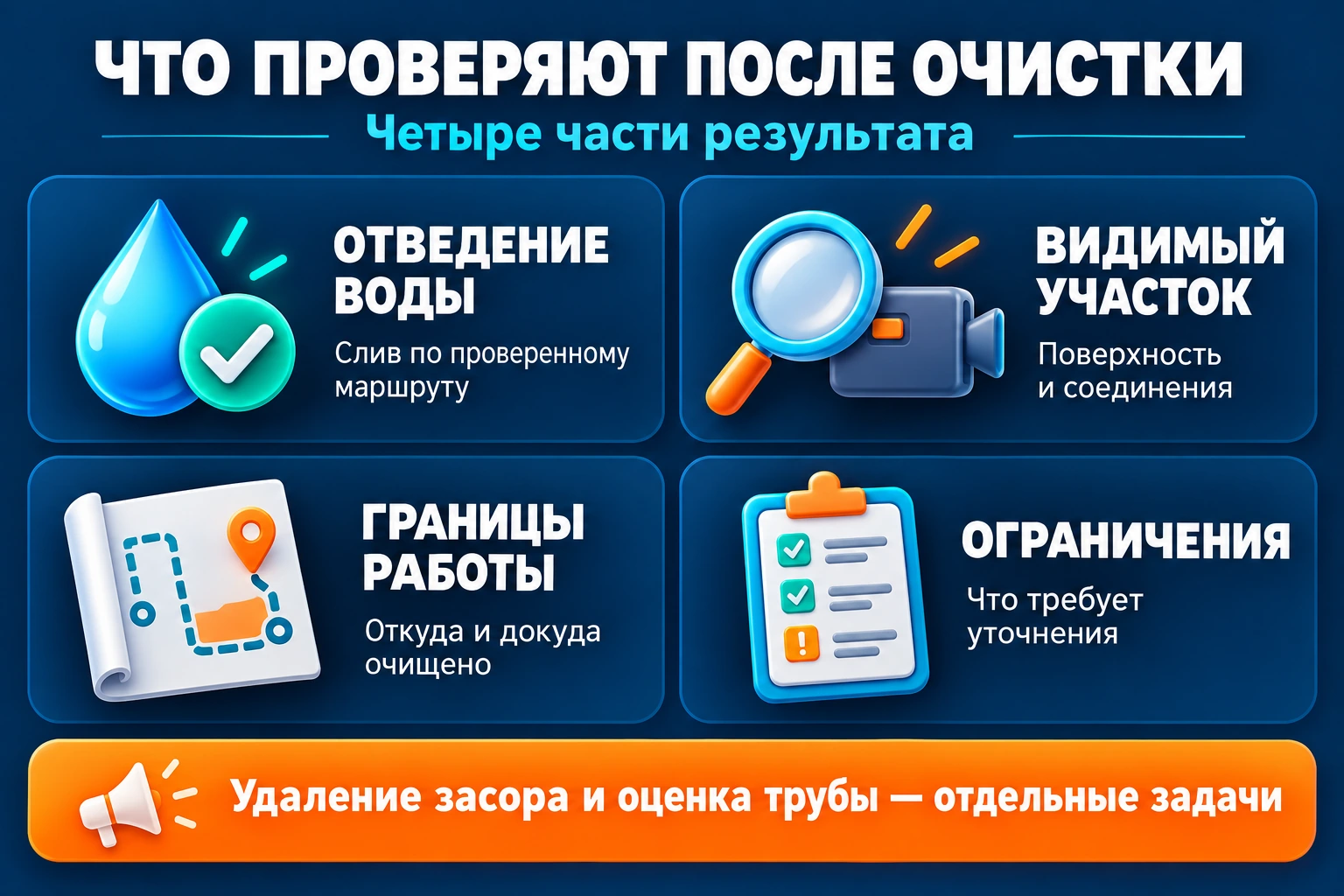 Контроль после очистки двухслойной трубы: отведение воды, видимый участок, границы работы и ограничения