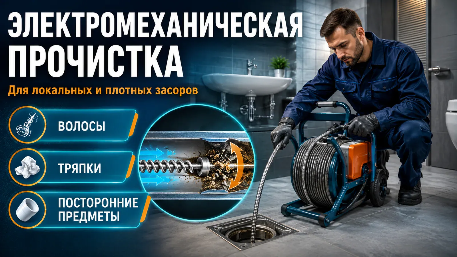 Электромеханическая прочистка канализации от локального засора