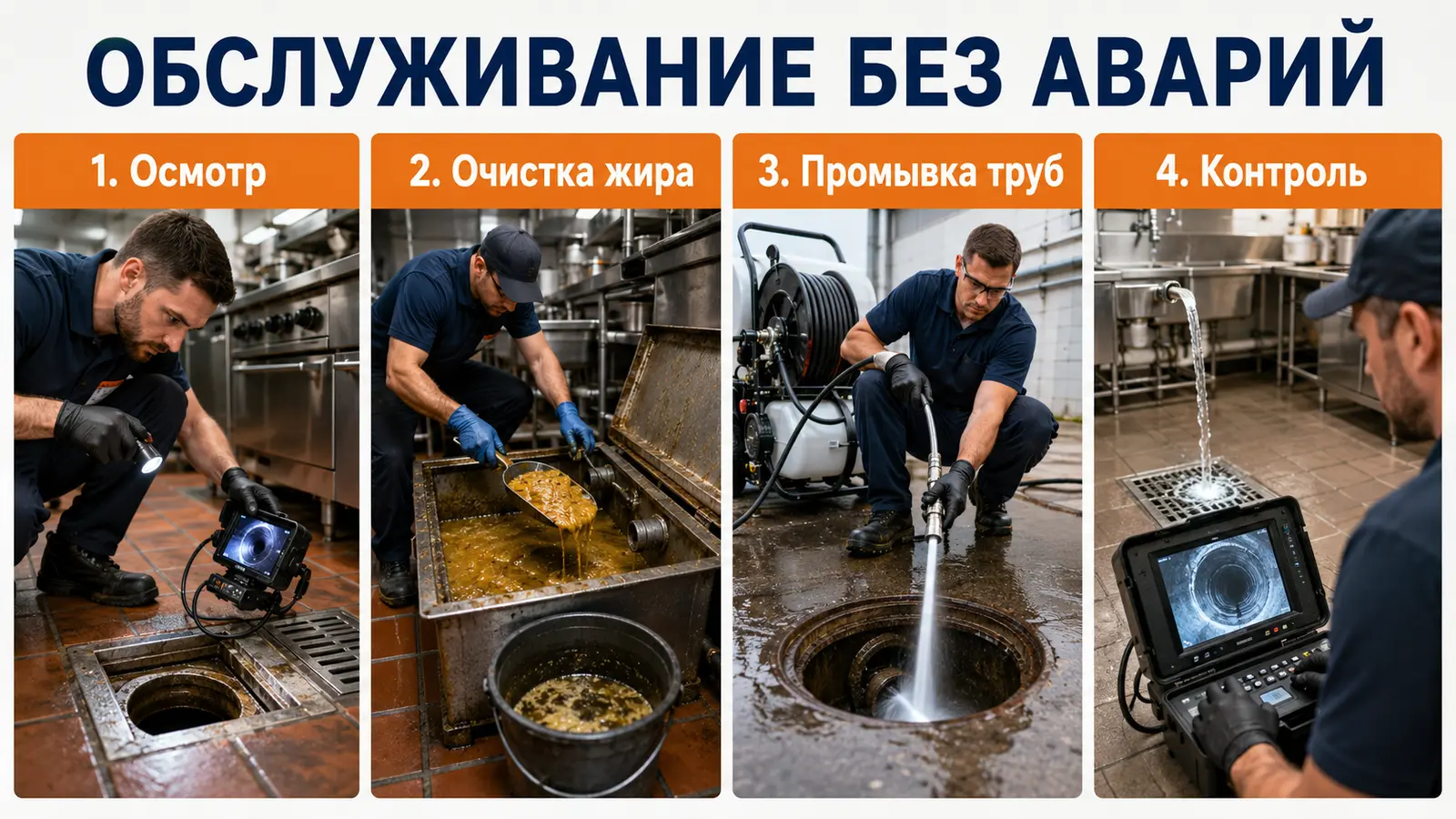 Четыре этапа обслуживания канализации ресторана: осмотр, очистка жира, промывка и контроль