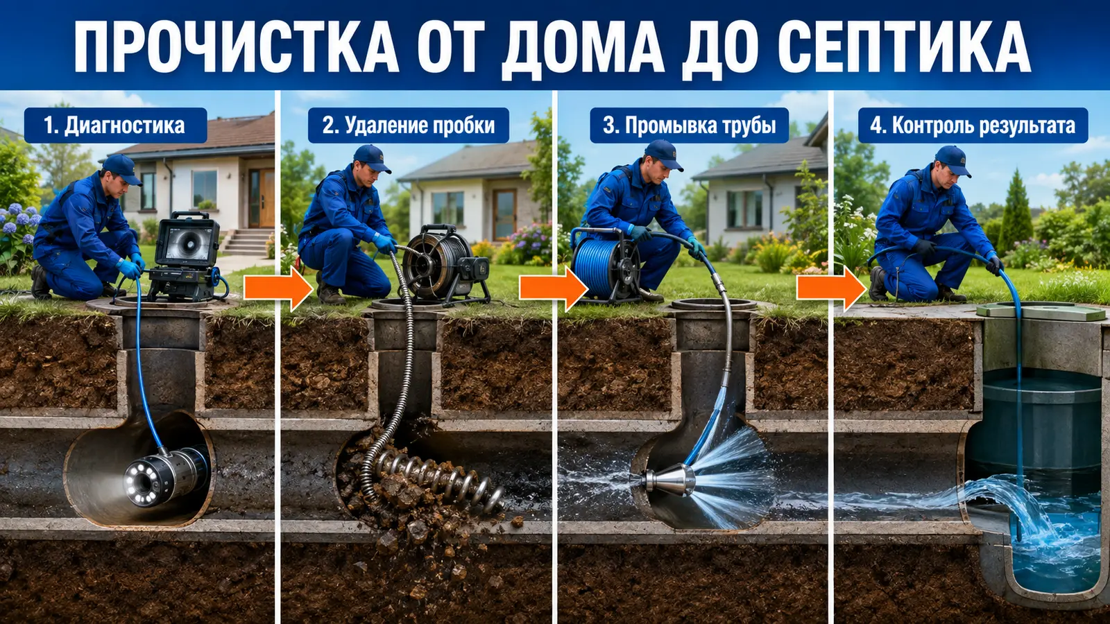 Этапы прочистки канализационной трубы от дома до септика