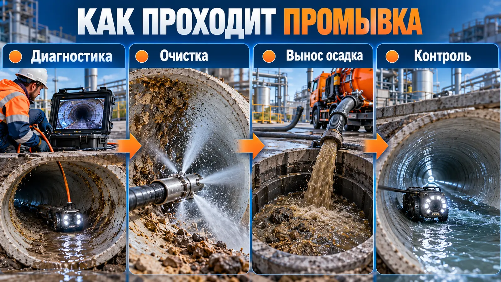 Диагностика, очистка, вынос осадка и контроль промывки промышленной канализации