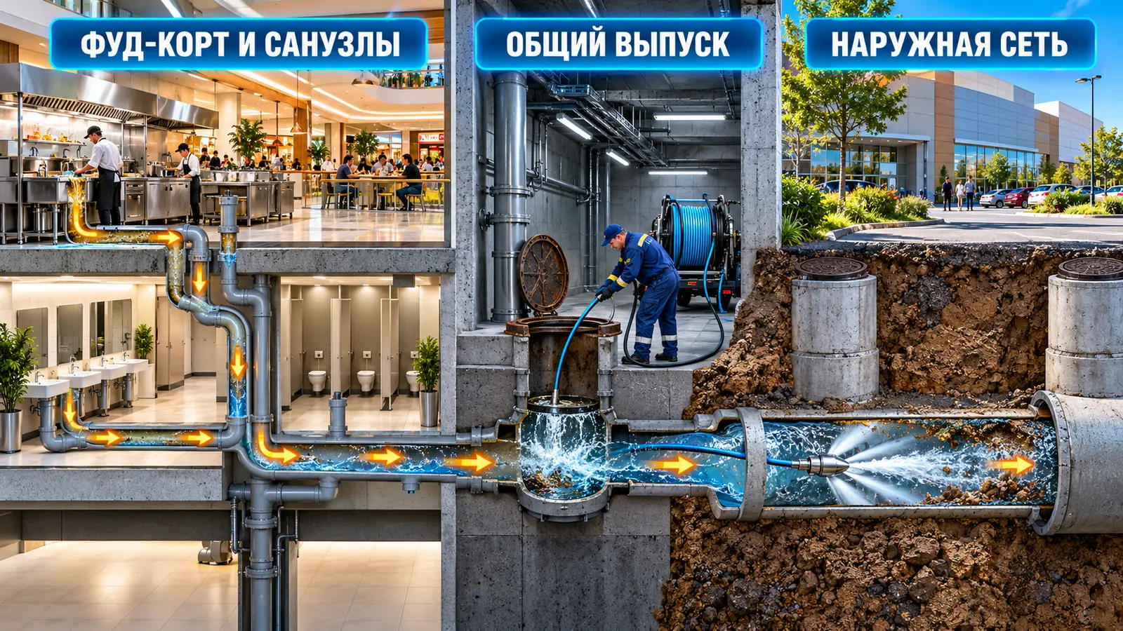 Схема канализации торгового центра от фуд-корта и санузлов до общего выпуска и наружной сети