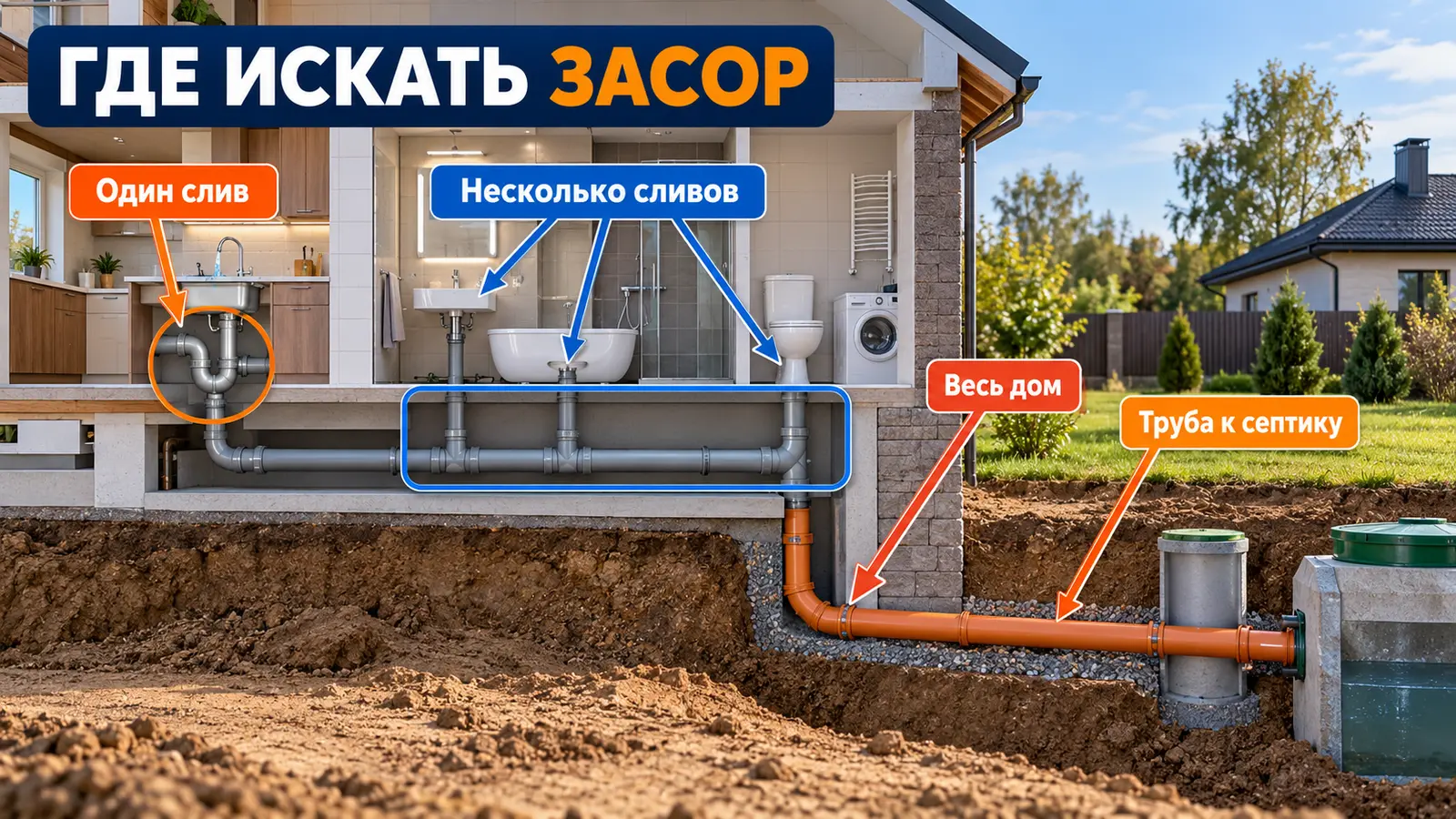 Схема определения засора канализации частного дома по количеству медленных сливов
