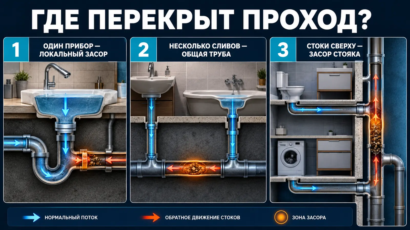 Определение локального засора, засора общей трубы и канализационного стояка
