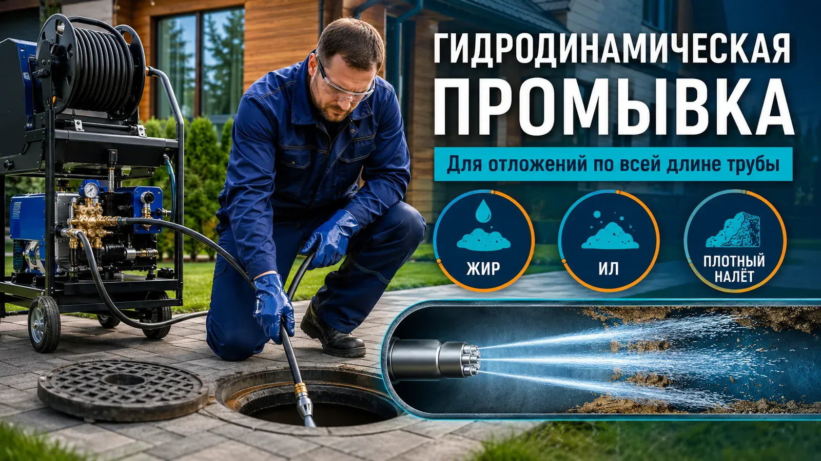 Гидродинамическая промывка канализационных труб от жира и ила