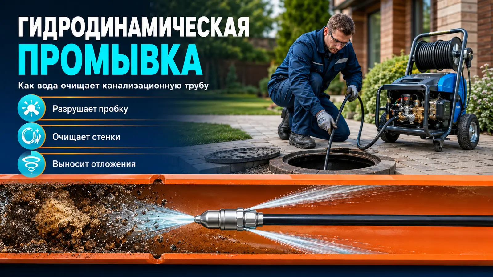 Работа гидродинамической насадки внутри канализационной трубы