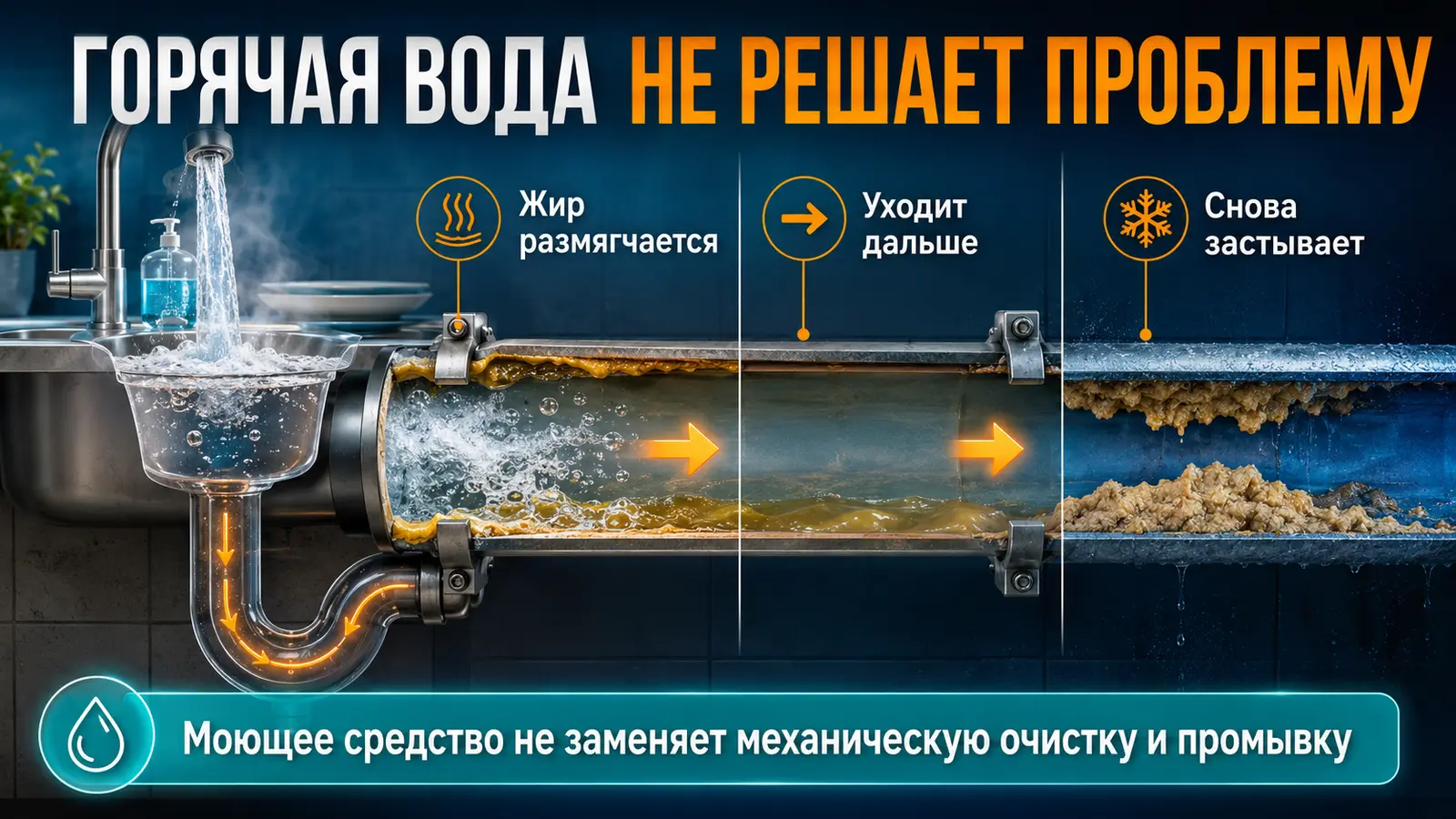 Жир размягчается горячей водой и снова застывает дальше по холодной канализационной трубе