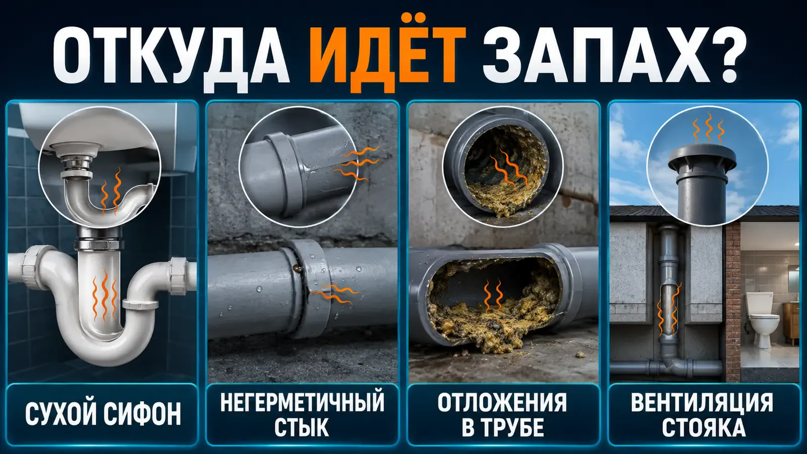 Пересохший сифон, негерметичный стык, отложения и вентиляция как источники запаха