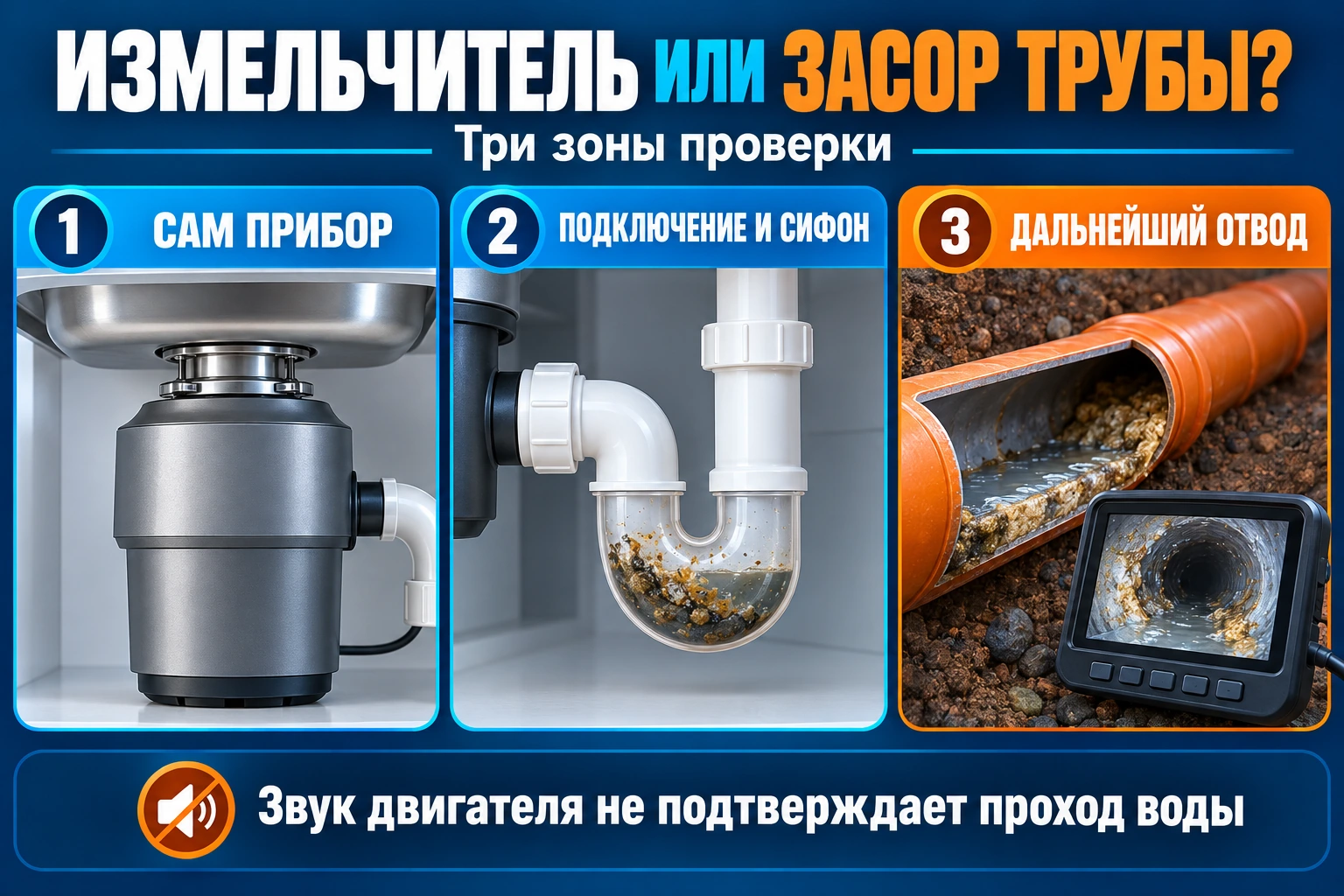 Инфографика трёх зон проверки: измельчитель, подключение с сифоном и дальнейший отвод