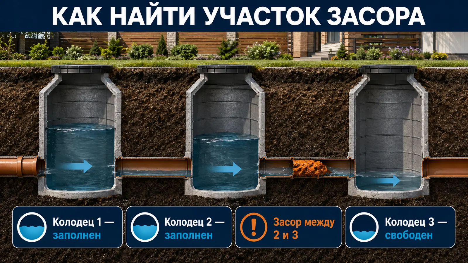 Поиск засора между заполненными и свободным канализационными колодцами