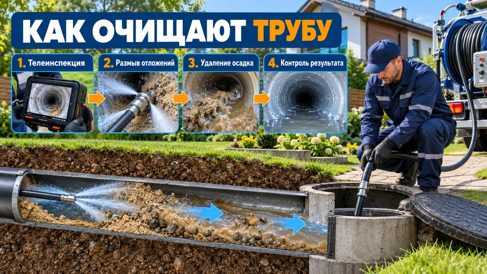 Гидродинамическая очистка канализационной трубы от песка и грунта