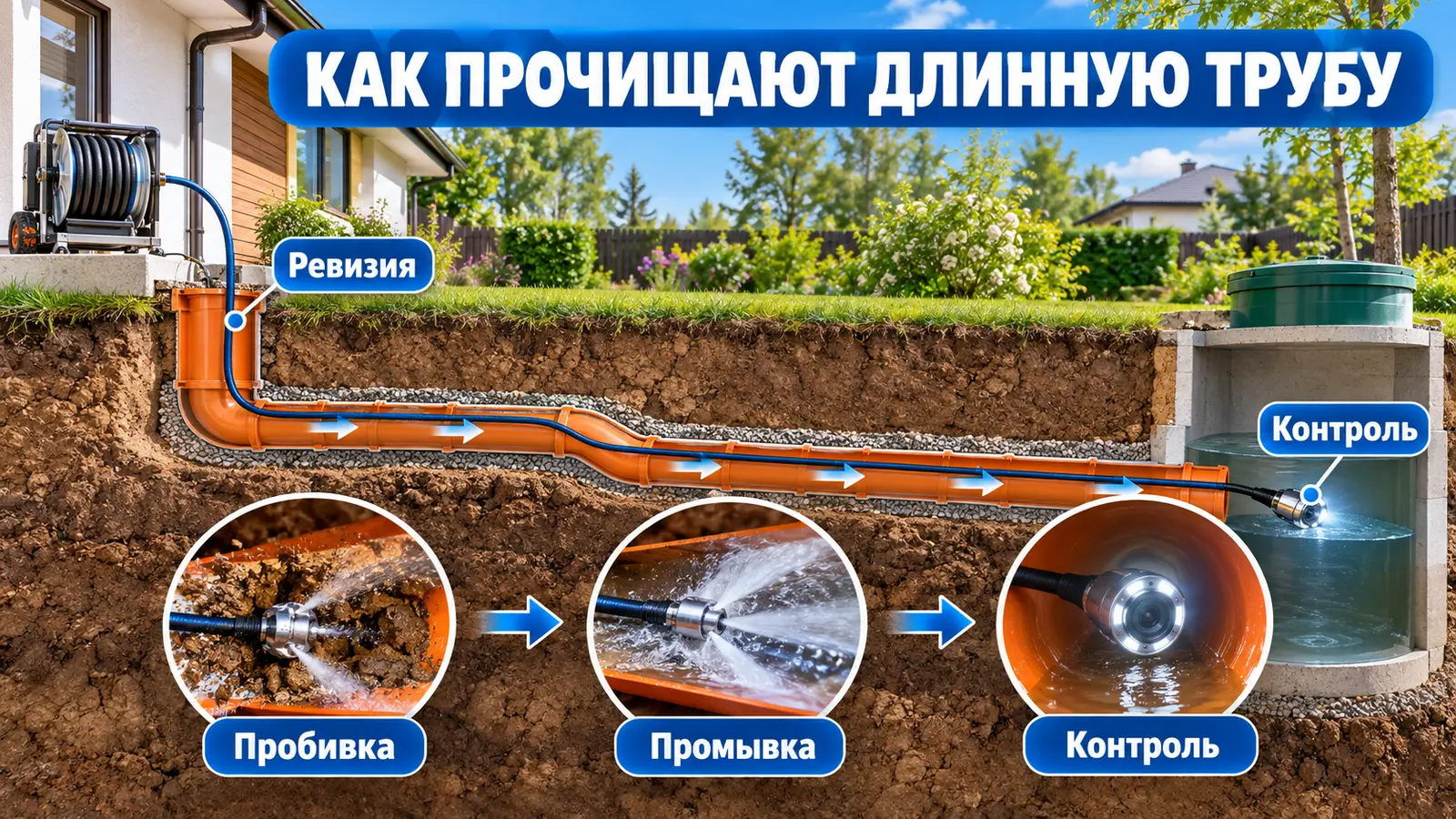 Этапы прочистки длинной канализационной трубы от ревизии до контроля камерой