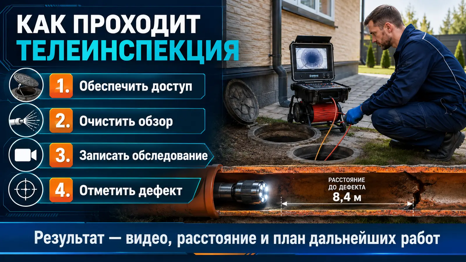 Этапы телеинспекции канализации с записью видео и измерением расстояния до дефекта