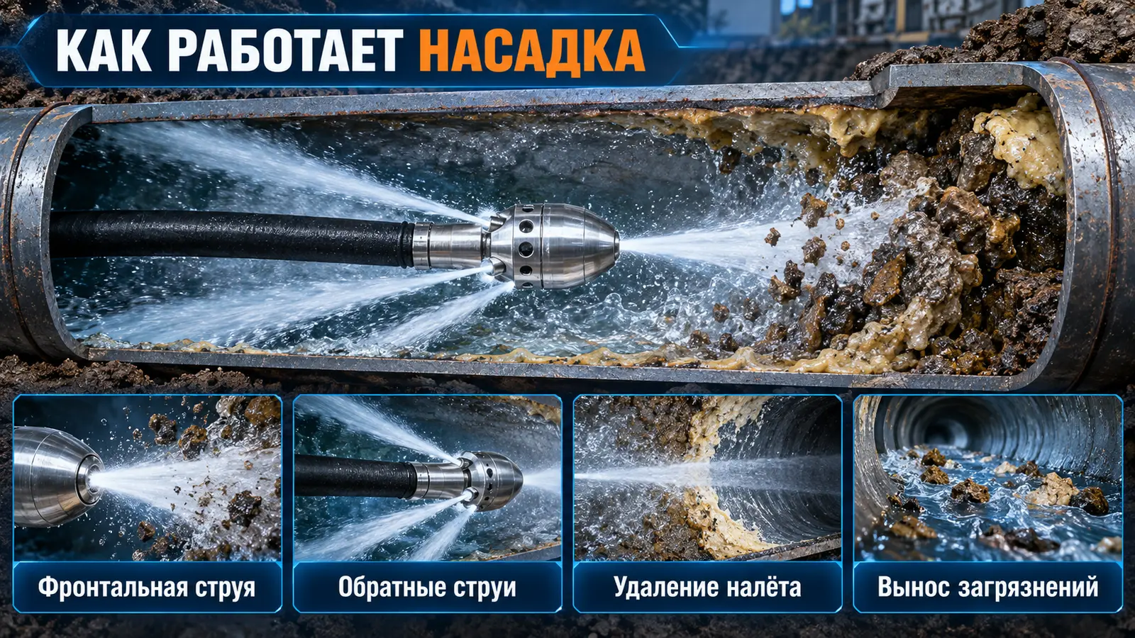 Принцип работы гидродинамической насадки в канализационной трубе