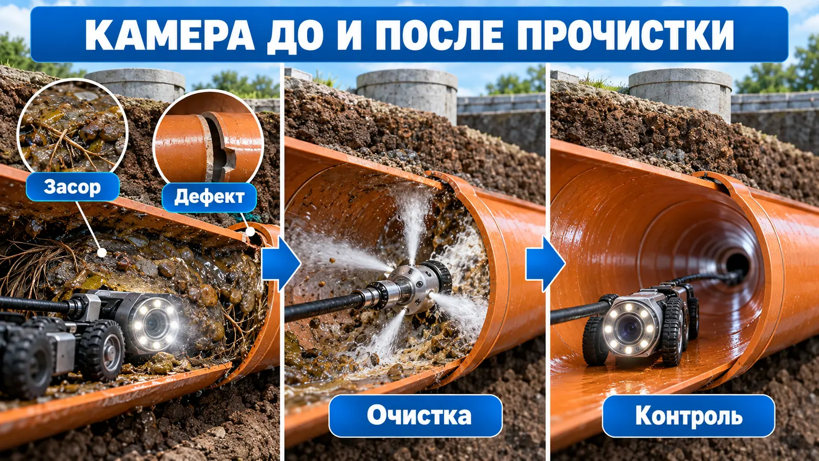 Диагностика канализации камерой до и после прочистки трубы