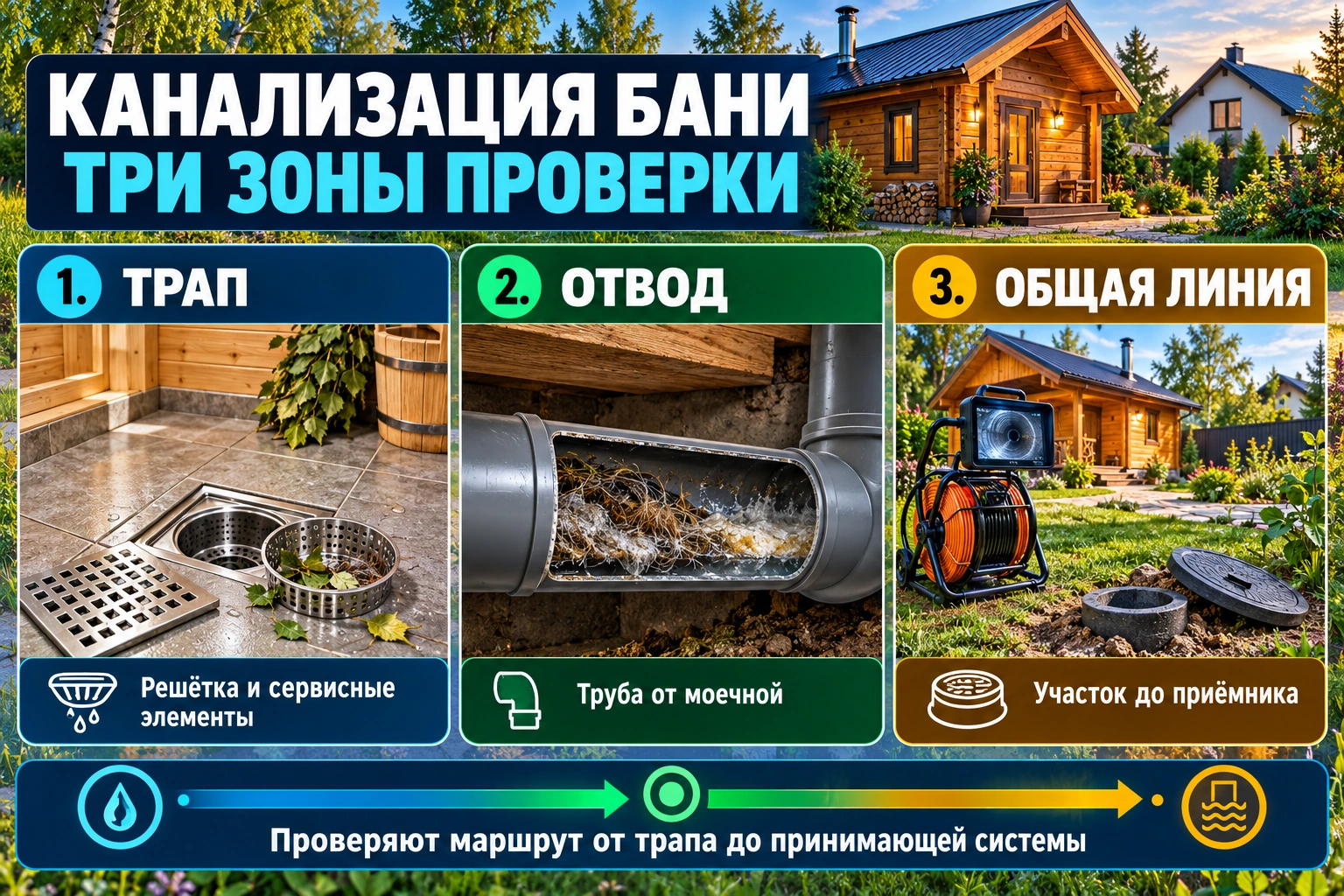 Инфографика проверки канализации бани: трап, отвод и общая линия до принимающей системы
