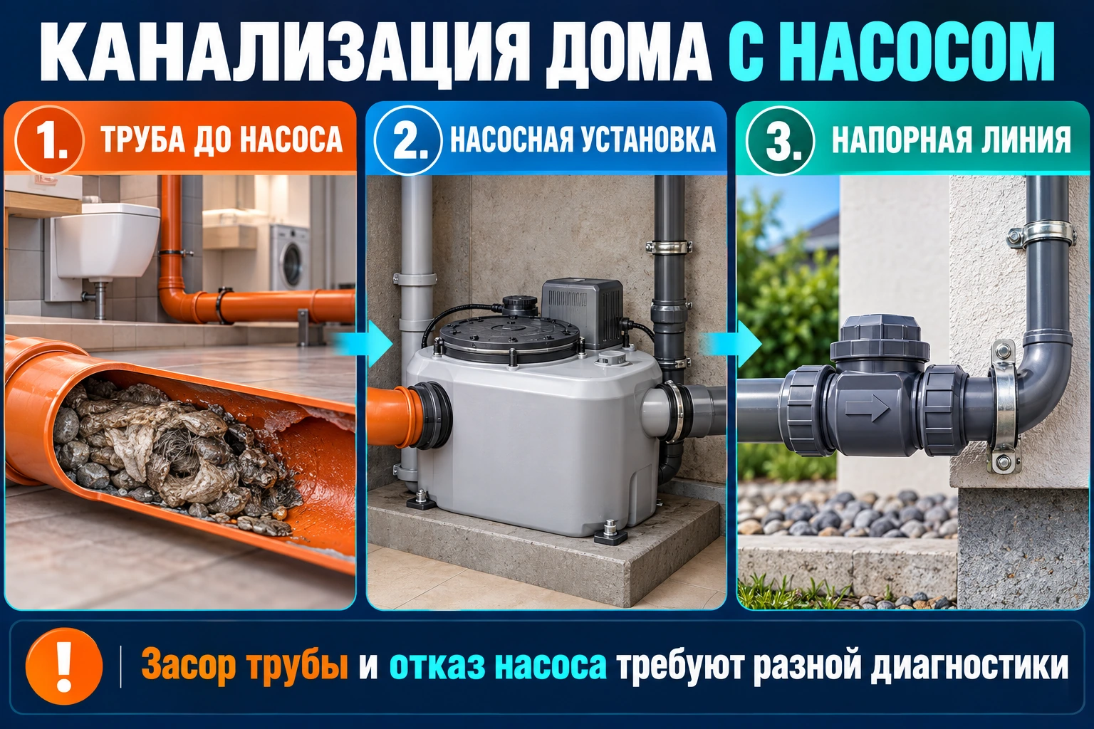 Три зоны диагностики канализации частного дома с насосом