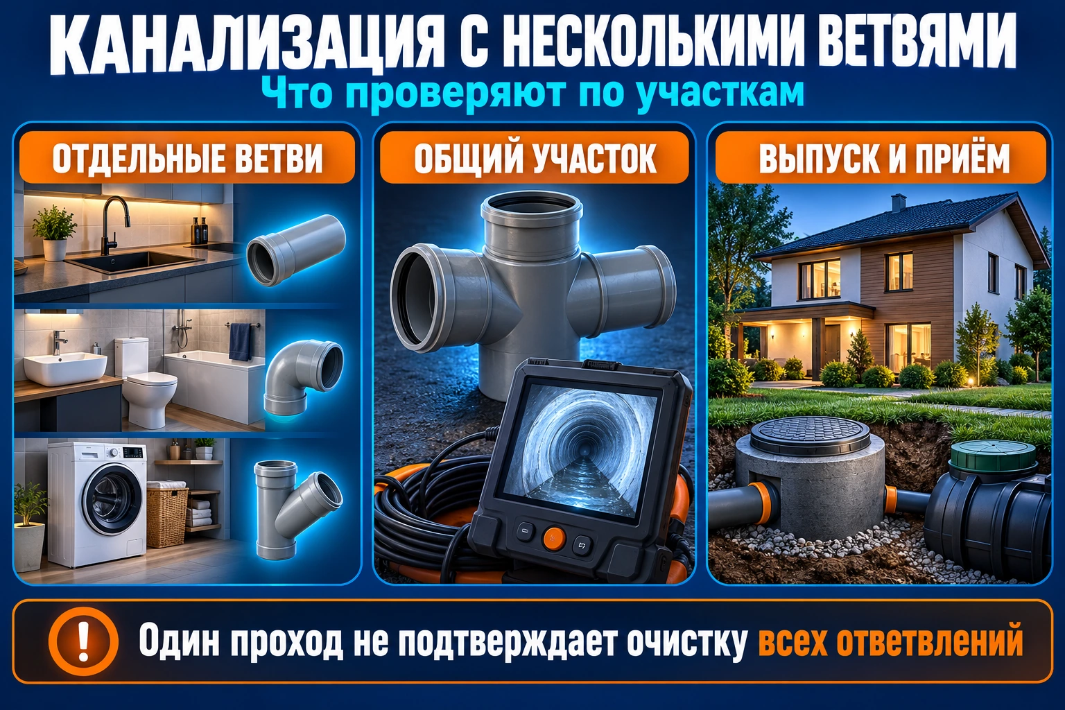 Инфографика зон разветвлённой канализации: отдельные ветви, общий участок, выпуск и приём
