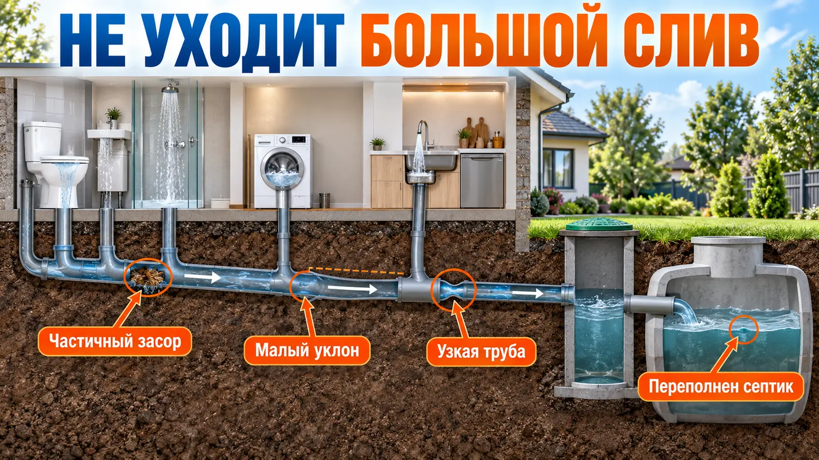Канализация не принимает большой слив воды