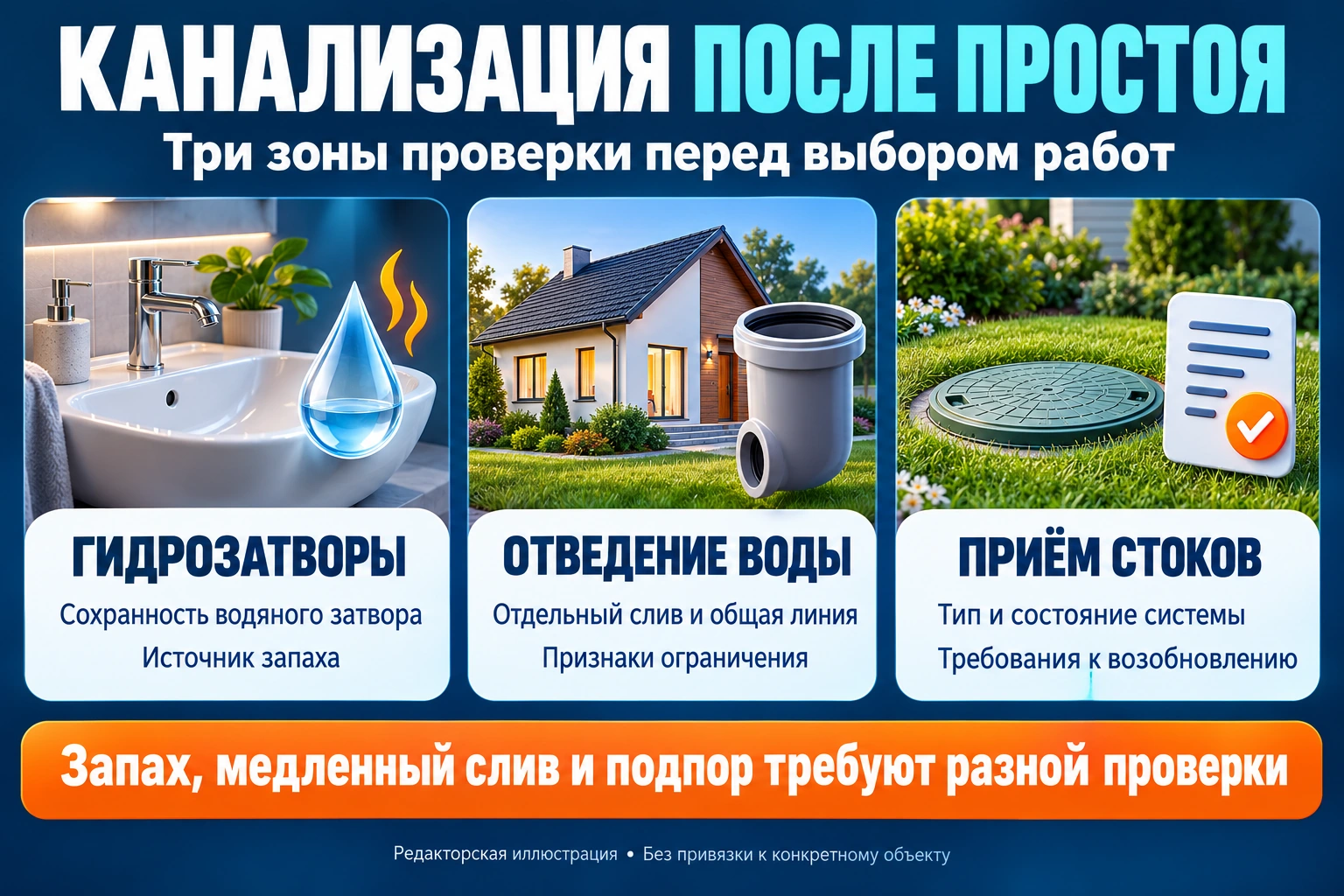 Инфографика проверки канализации после простоя: гидрозатворы, отведение воды и приём стоков