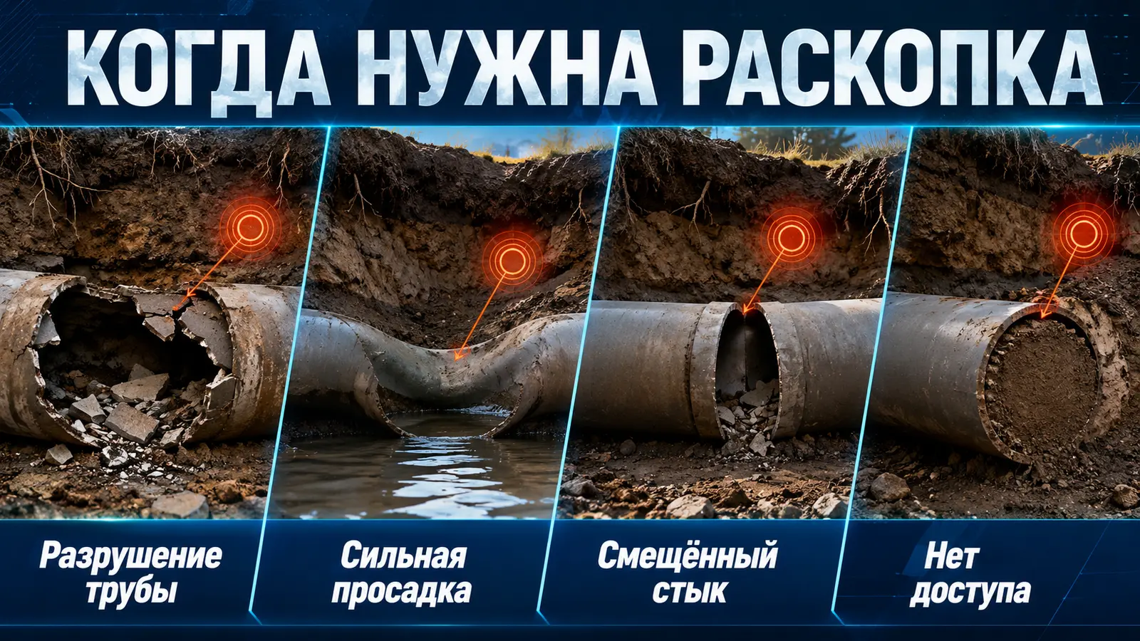 Повреждения канализационной трубы, при которых требуется раскопка
