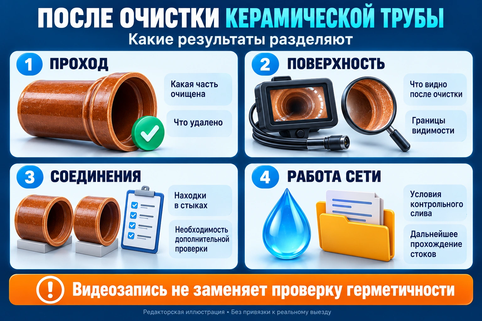Инфографика результатов после очистки керамической трубы: проход, поверхность, соединения и работа сети