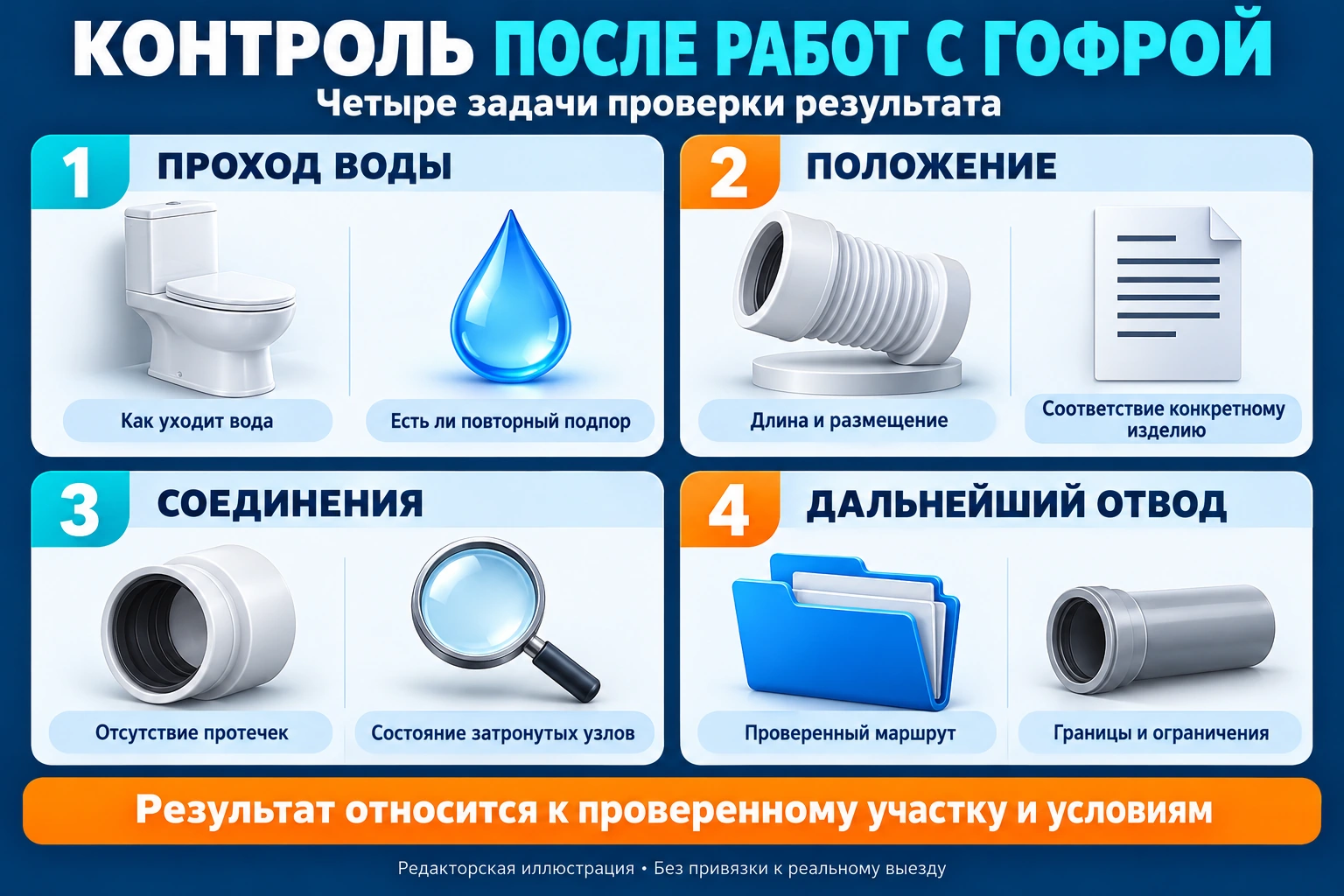 Инфографика контроля после работ с гофрой: проход воды, положение, герметичность соединений и дальнейший отвод