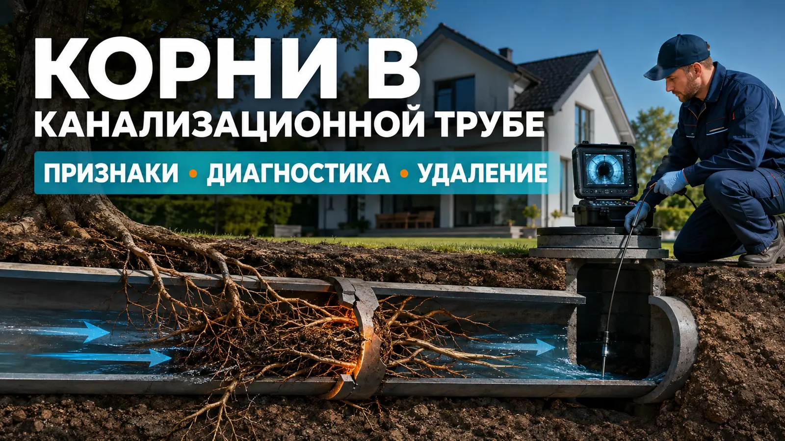 Корни деревьев в наружной канализационной трубе