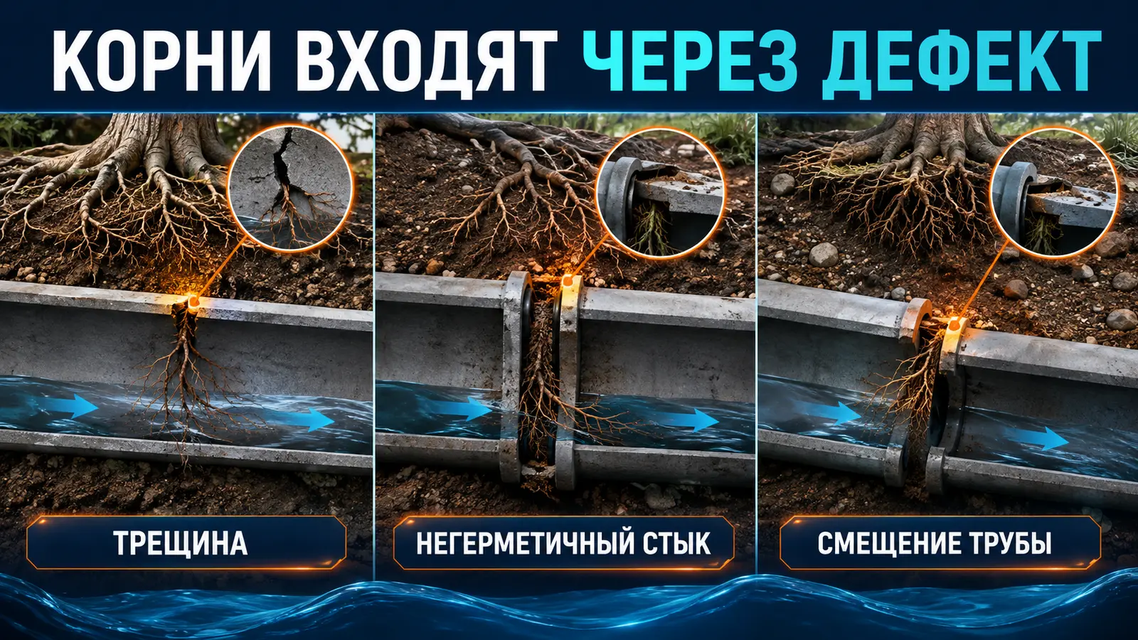 Проникновение корней через трещину, негерметичный стык и смещение канализационной трубы