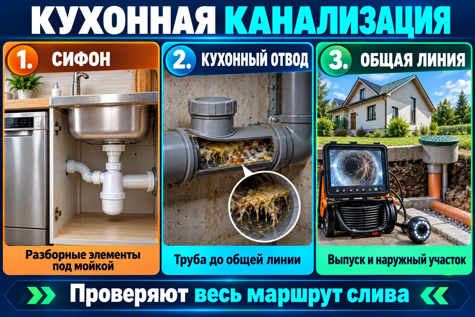 Инфографика проверки сифона, кухонного отвода и общей линии канализации частного дома